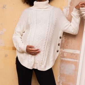 Seraphine Cream Cable-Knit Turtleneck Maternity Sweater with Side Buttons